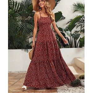 Floral lace up backless tiered hem dress